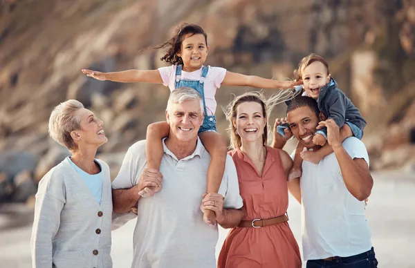 Multigenerational family smiling and walking together outdoors